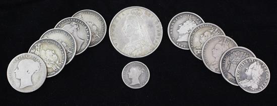 A Victoria 1887 half crown, a George III 1816 shilling and a George II 1757 sixpence & 9 other coins.